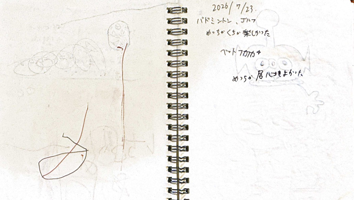 An open guest notebook with handwritten drawings and messages.