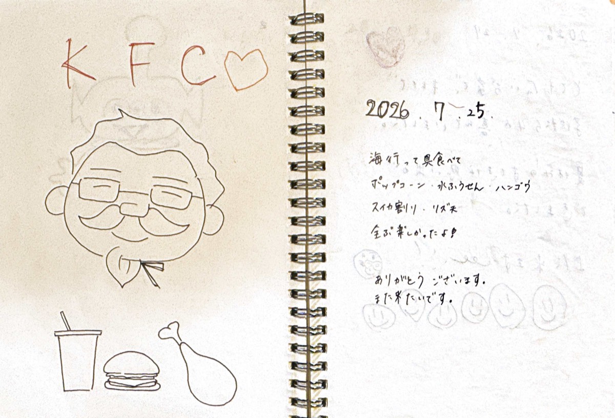 An open guest notebook with a portrait and notes about the stay.