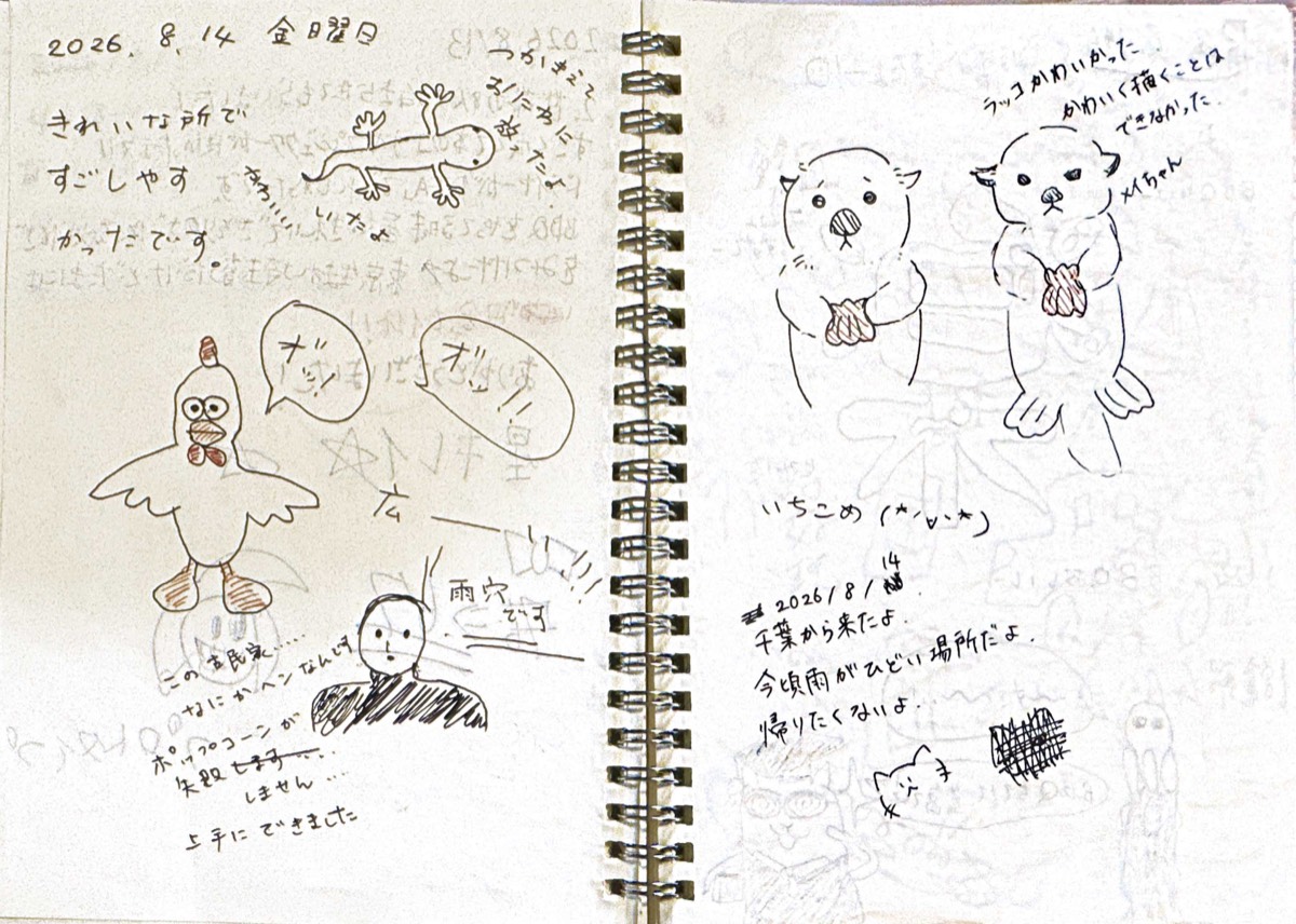 An open guest notebook filled with animals and characters drawn by a family.