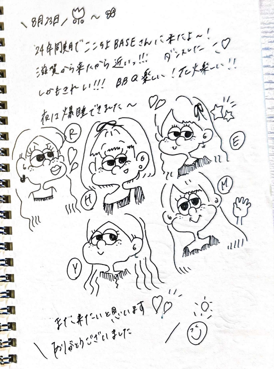 A guest notebook page with family portraits and a travel message.